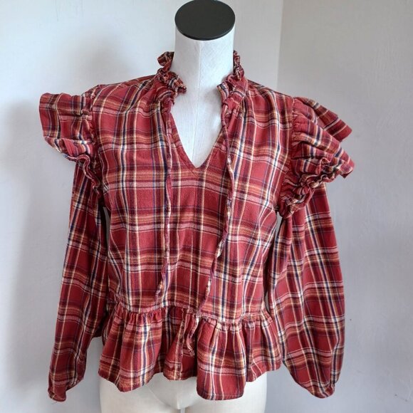 Blank NYC Top Red Plaid Flannel Ruffle Long Sleeves Boho Popover Womens Med - Picture 5 of 14